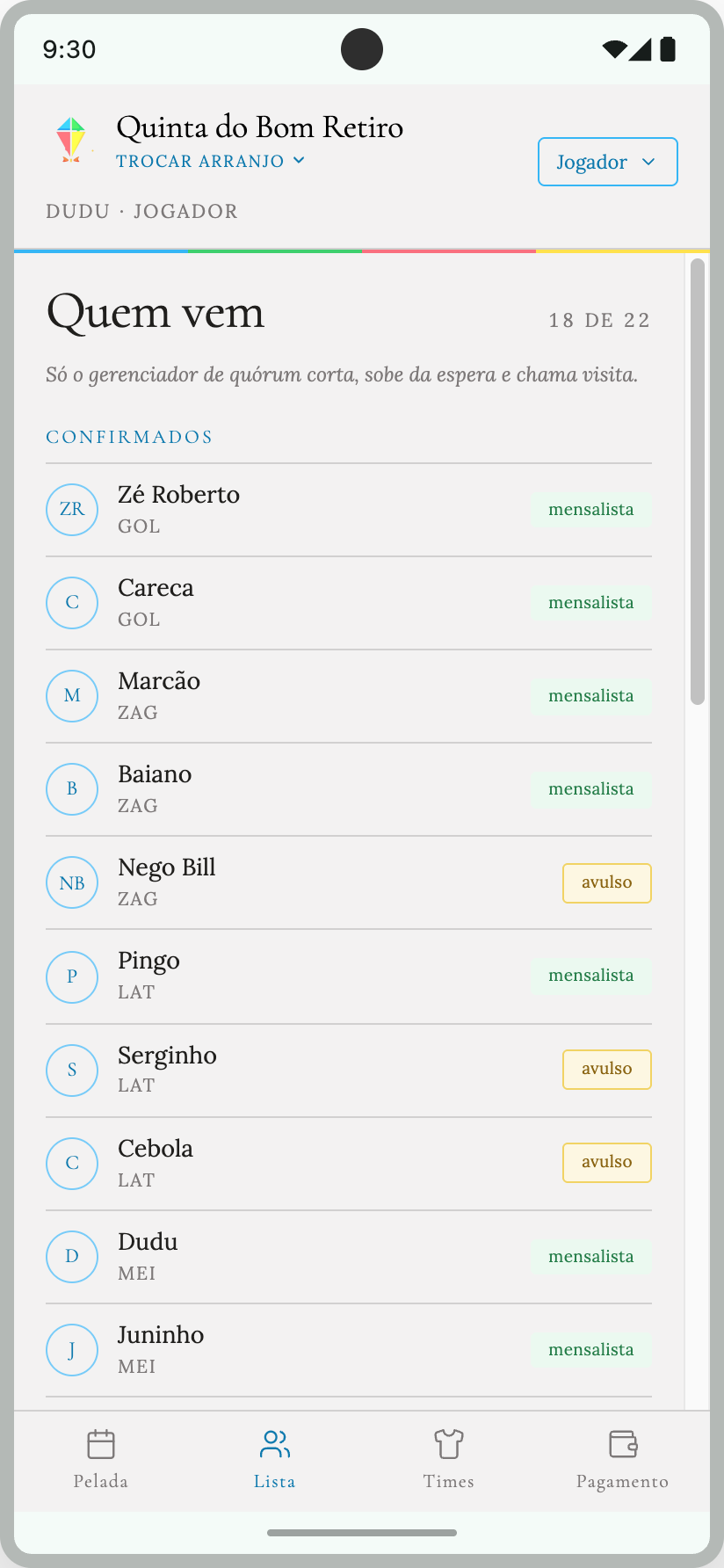 Tela do aplicativo com a lista de presença da pelada