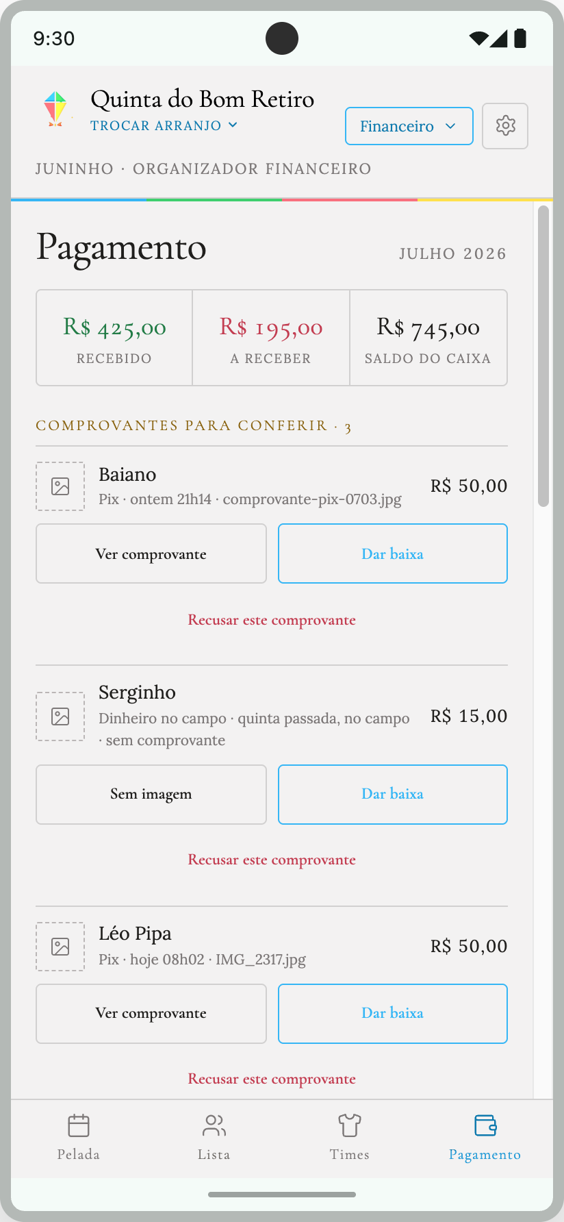 Tela do aplicativo com os pagamentos e o saldo do caixa
