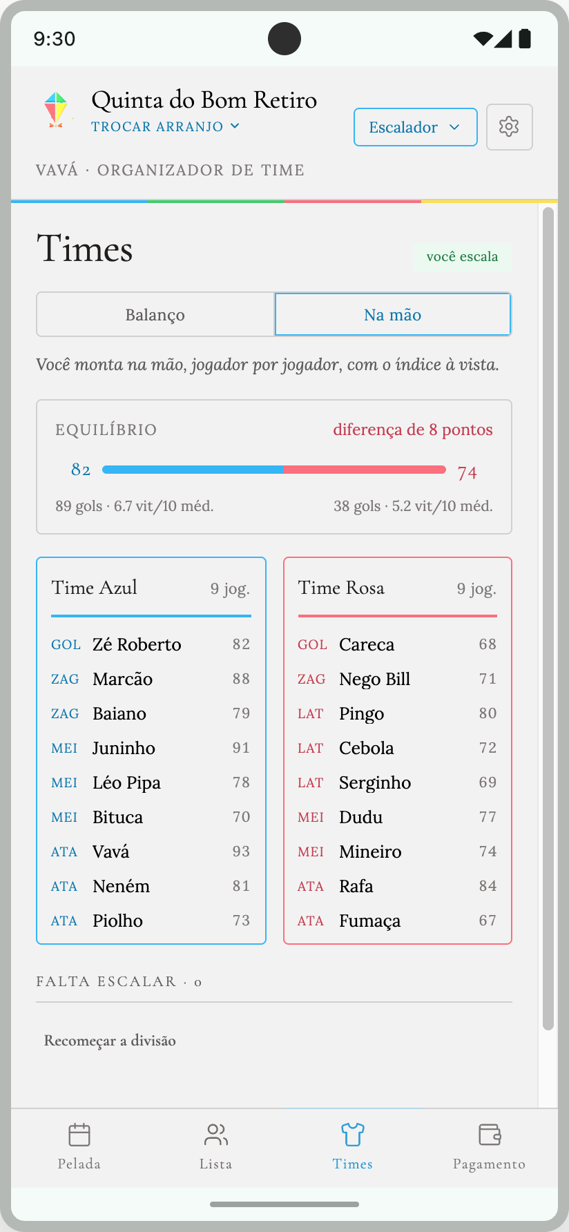 Tela do aplicativo com os dois times escalados e o equilíbrio entre eles